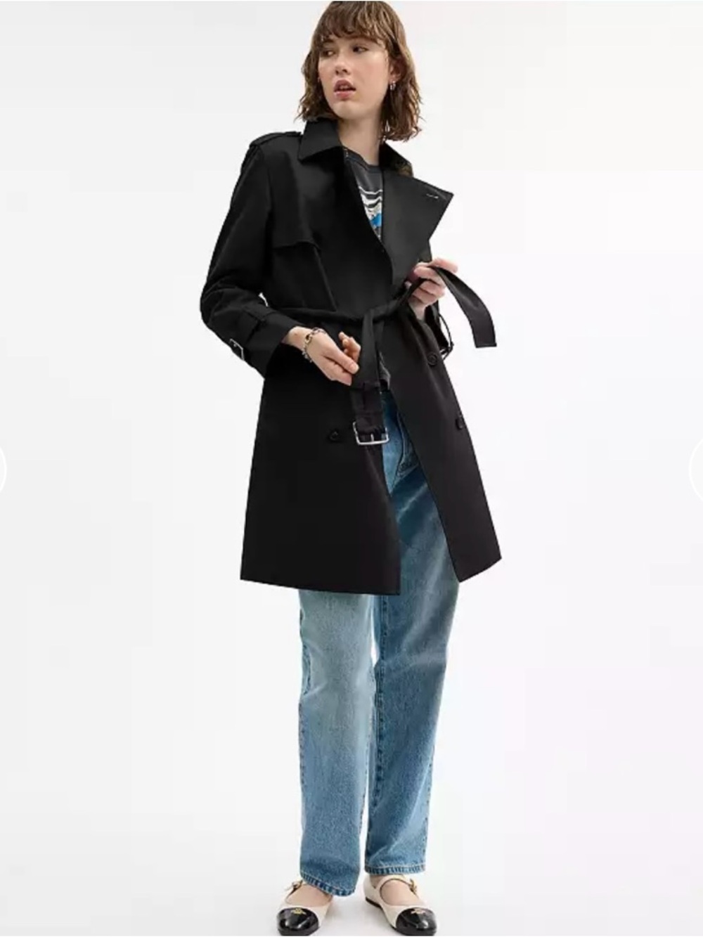 CALVIN KLEN Classic Black Trench Coat with Belt - Women's Jacket